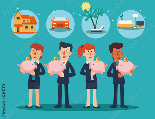Successful business men and business women with a piggy bank. 4 icons: house, car, furniture and holiday vacation. Saving and investing money. Future financial planning concept