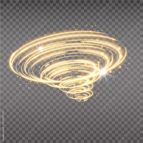 Golden tornado, swirling storm cone of stardust sparkles on transparent background. Golden spiral with light effect. Magical stardust tornado, light hurricane.