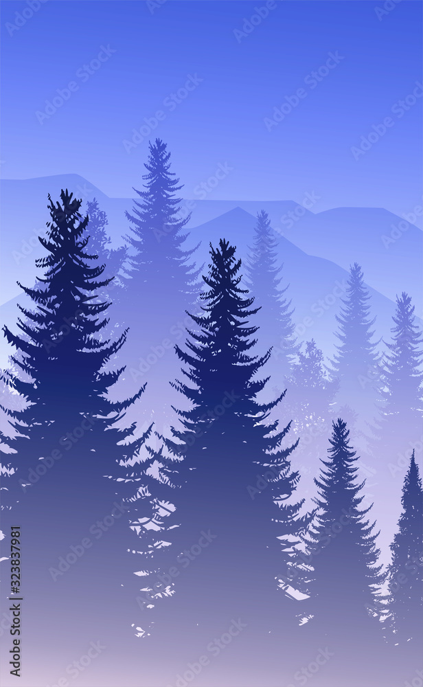 Fototapeta premium Nature forest Natural Pine forest mountains horizon Landscape wallpaper Sunrise and sunset Illustration vector style colorful view background