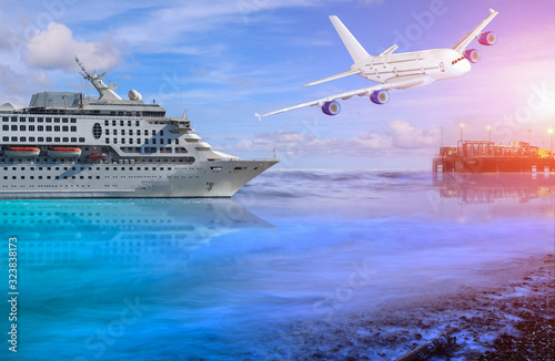 Cruise ship sailing go to port, large luxury white cruise ship liner on blue sea water with air plant on sky.