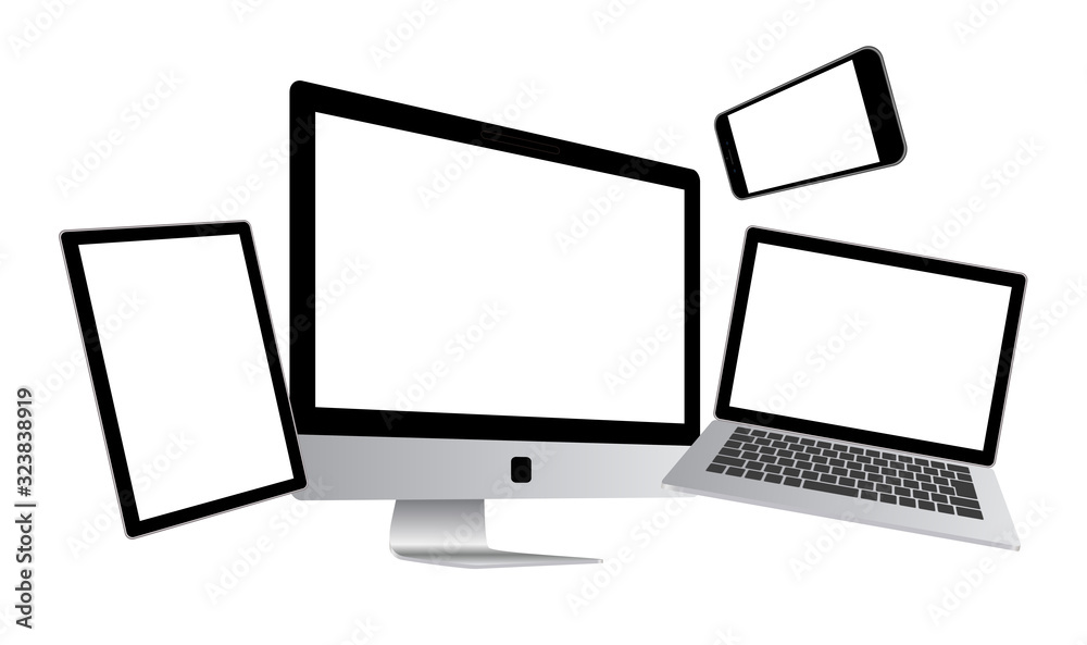 余白ページを表示したノートパソコンとスマホとタブレット-白色背景 余白ページを表示したノートパソコンとスマホとタブレット-白色背景