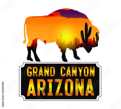 Vector drawing of a bison on a background of a desert sunset. For the design of postcards and posters.