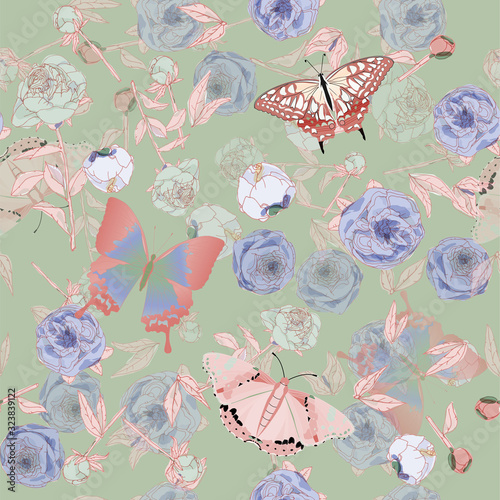 Butterfly and leaves, stems and inflorescences of peonies and roses vector illustration. Picture with pink, blue and white flowers on aquamarine background. Endless pattern. EPS10