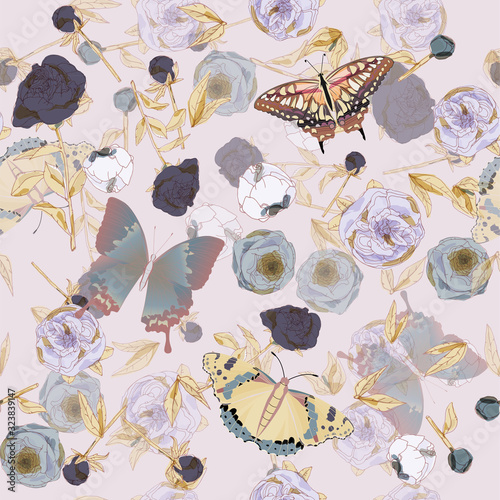 Butterfly and leaves, stems and inflorescences of peonies and roses vector illustration. Picture with pink, blue and white flowers on aquamarine background. Endless pattern. EPS10