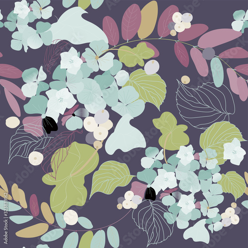 Hydrangea flowers  decorative berries and leaves. Seamless pattern. Garden plants vector illustration.