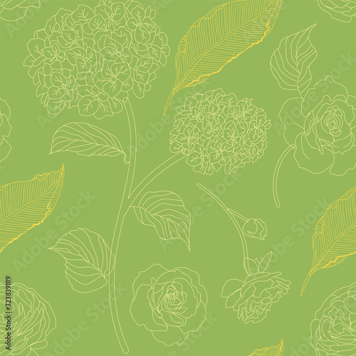 Fototapeta Naklejka Na Ścianę i Meble -  Drawn hydrangea, roses and leaves seamless pattern. Monochrome image of flowers vector illustration. Imitation of pencil drawing.