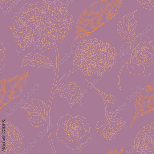 Drawn hydrangea  roses and leaves seamless pattern. Monochrome image of flowers vector illustration. Imitation of pencil drawing.