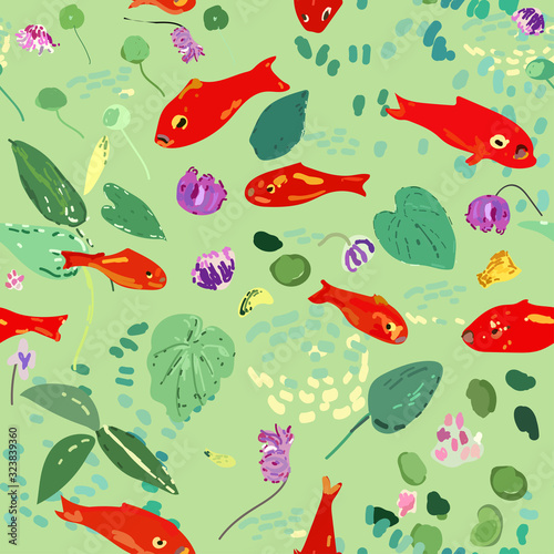 Red fish on a beige background, leaves, algae and flowers. Seamless vector pattern based on Matisse oil painting.