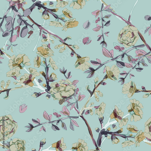 Seamless pattern with blossom flowers sakura tree. Vector illustration with plants wild roses. Gentle pastel colors.