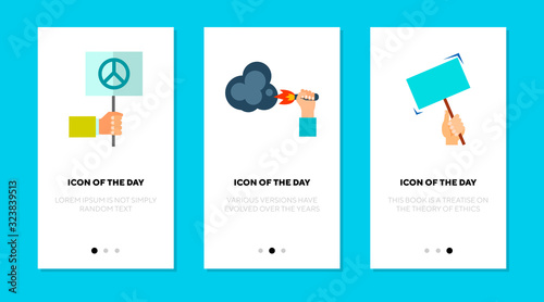 Social meeting flat icon set. Protest, police, position isolated vector sign pack. Demonstration and action concept. Vector illustration symbol elements for web design and apps