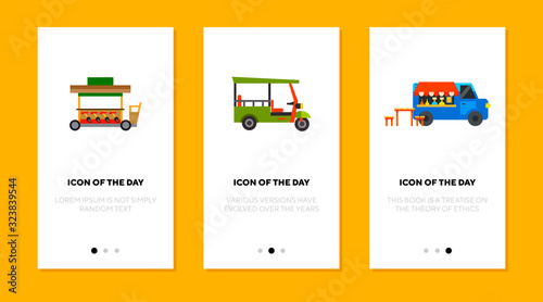 Microbuses and food truck flat icon set. Tourism, mobile, summer isolated vector sign pack. Vehicle and transportation concept. Vector illustration symbol elements for web design and apps