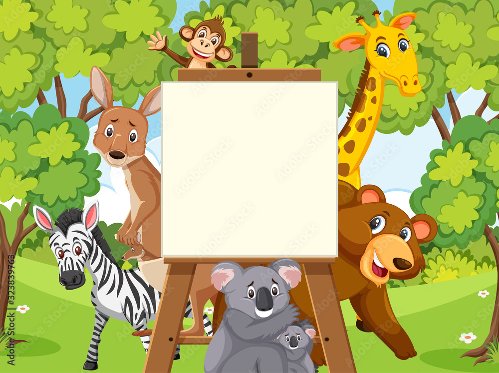 Sign template with wild animals in the forest background Sign template with wild animals in the forest background