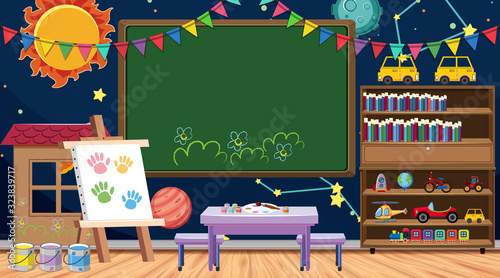 Back to school sign with many school items in classroom