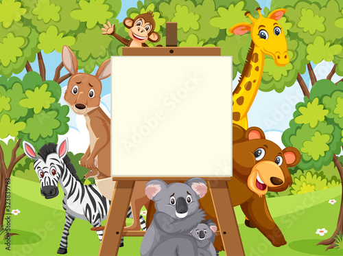 Sign template with wild animals in the forest background