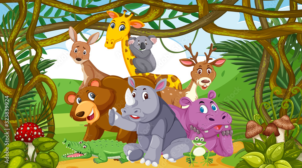 Naklejka premium Scene with many wild animals in the forest