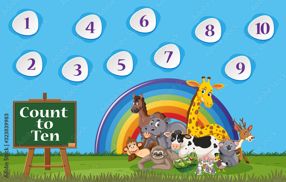 Obraz premium Number one to ten with blue sky and colorful rainbow background