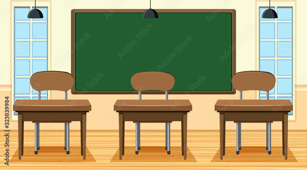 Fototapeta premium Empty classroom with board and desks