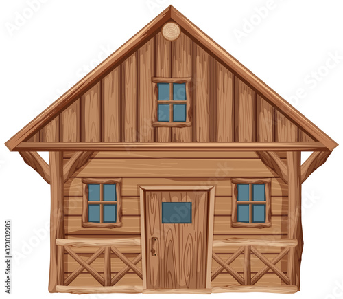 Wooden house with door and windows on white background