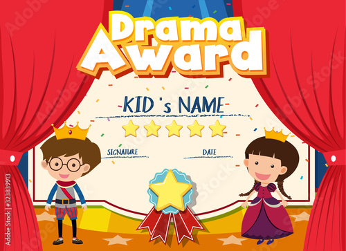 Certificate template for drama award with kids on stage background