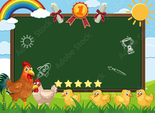 Banner template with chickens walking in the farm