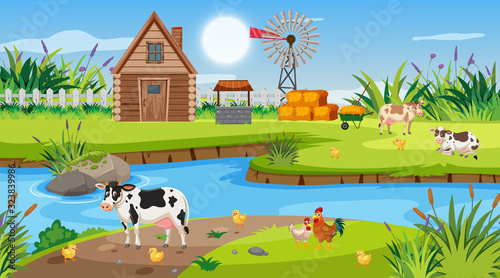 Scene with wooden cottage in the field