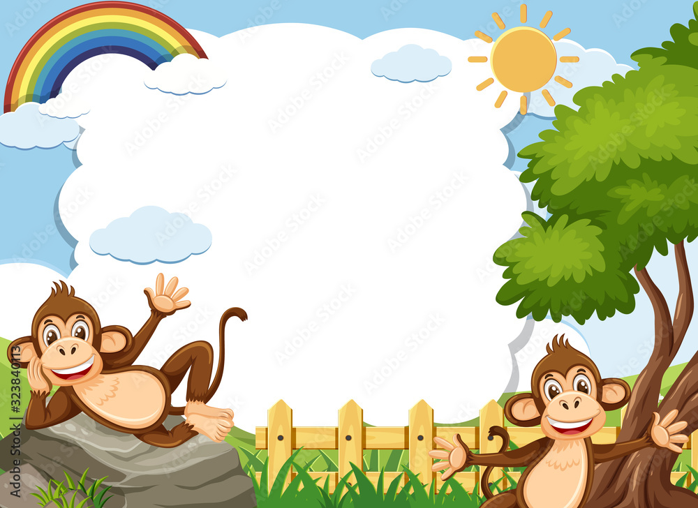 Banner template with two happy monkeys in the park Banner template with two happy monkeys in the park
