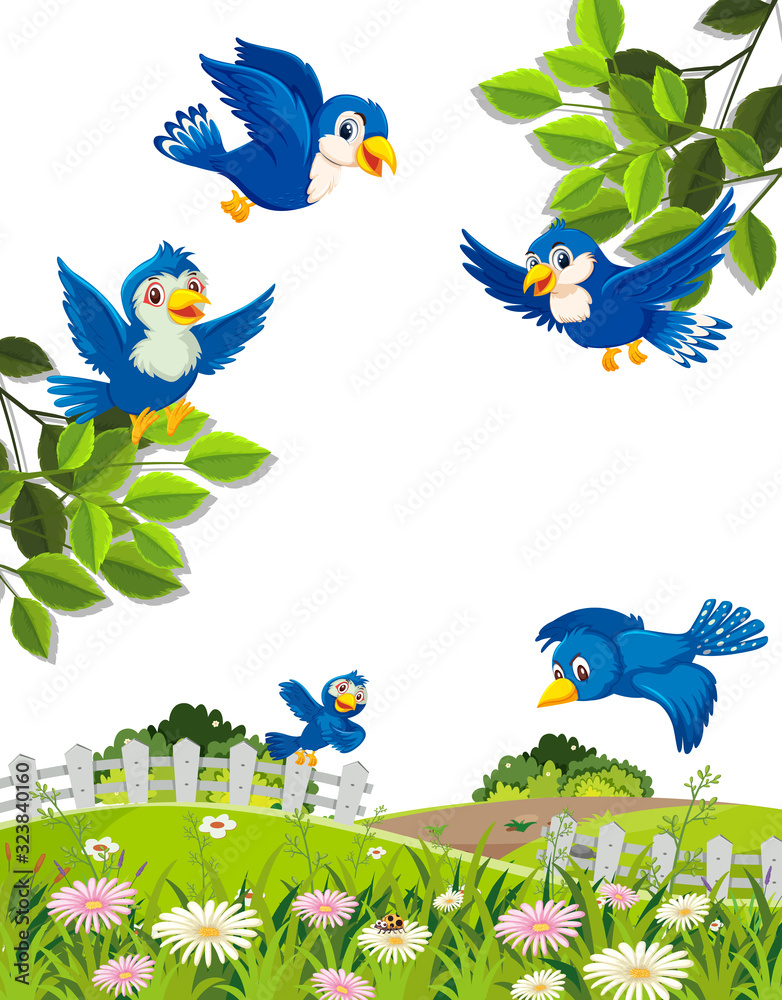 Scene with blue birds flying in the sky