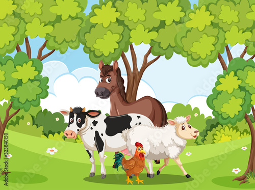 Scene with many wild animals in the forest