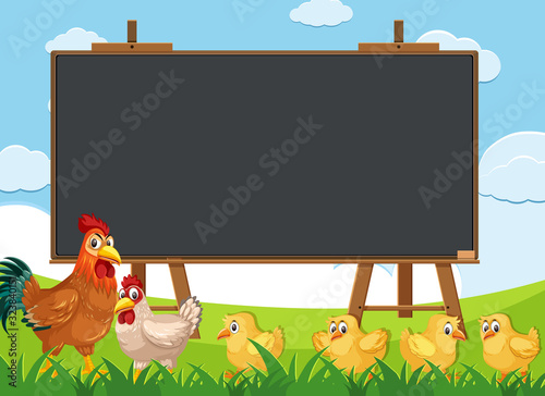 Blackboard template with many chickens walking in the field