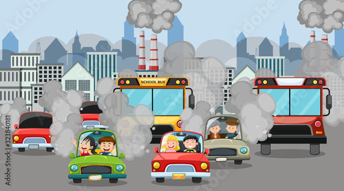 Scene with cars and factory buildings making dirty smoke in the city