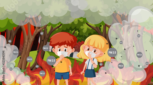 Scene with boy and girl in the big wildfire
