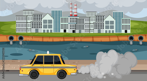 Scene with smoke coming out of the factories and cars in the city