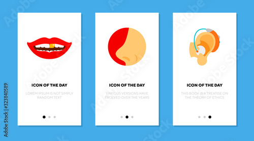 Otolaryngology flat icon set. Ear, nose, throat isolated vector sign pack. Medicine and health concept. Vector illustration symbol elements for web design and apps