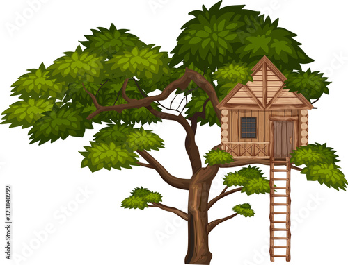 Big tree and treehouse on white background