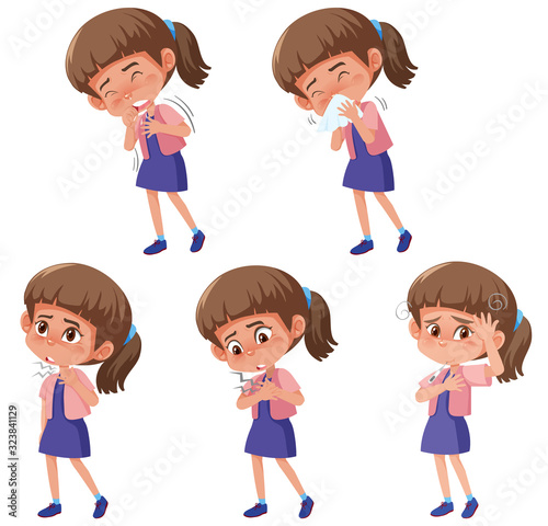 Set of girl with different symptoms on white background