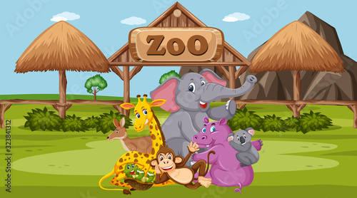 Scene with wild animals in the zoo at day time