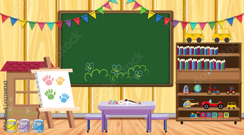 Classroom with chalkboard and bookshelf