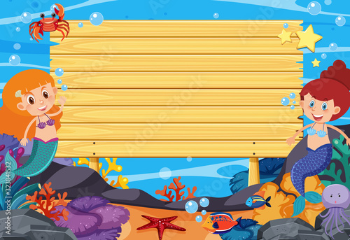 Wooden sign template with mermaids and fish under the sea photo