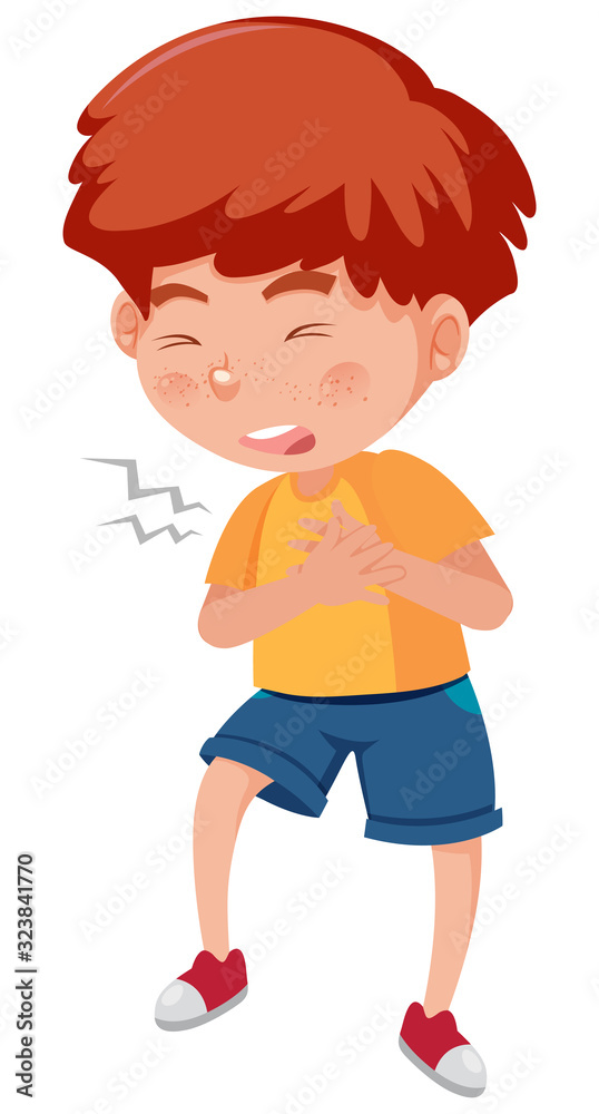 Sick boy with chest pain on white background