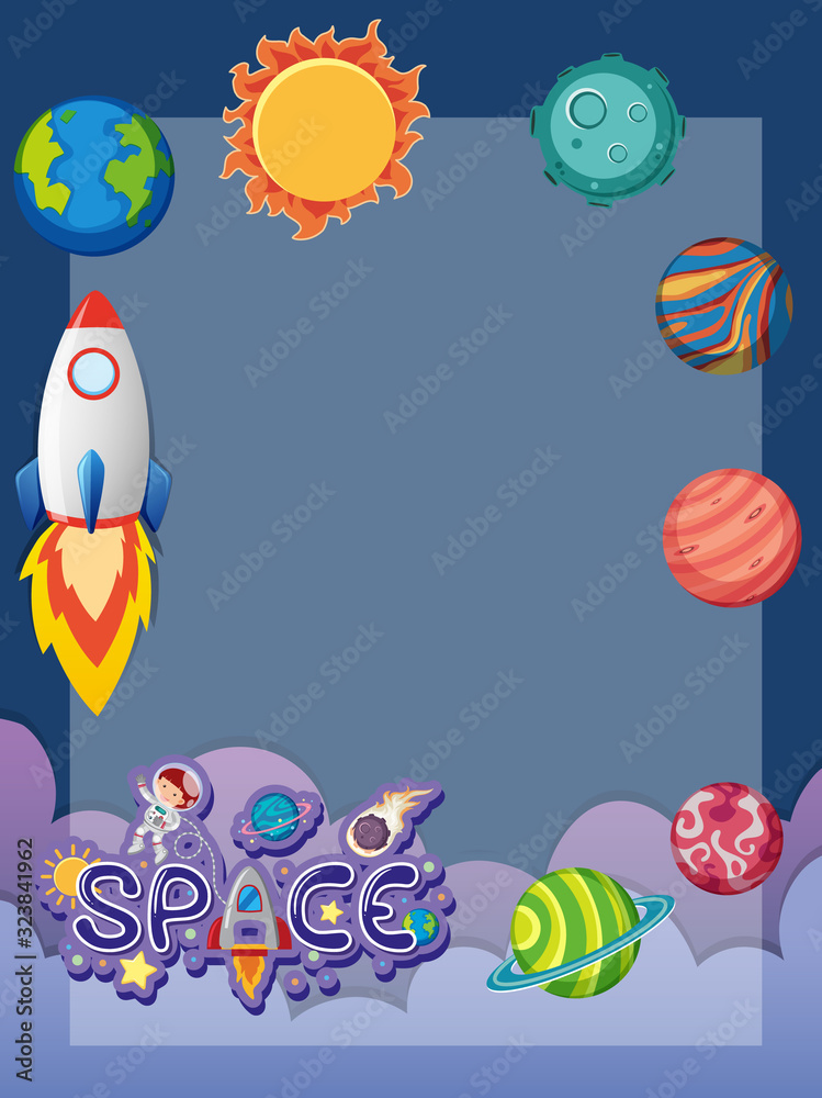 Frame design template with spaceship flying in the space Frame design template with spaceship flying in the space