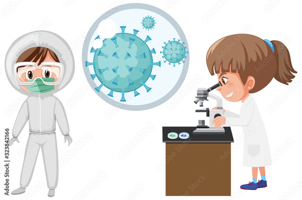 Coronavirus cell and two scientists in the lab Coronavirus cell and two scientists in the lab