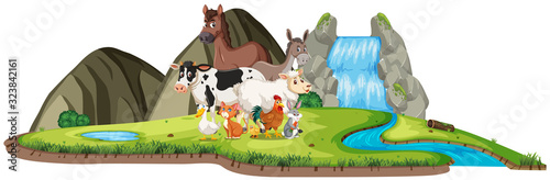 Scene with many wild animals by the waterfall on white background
