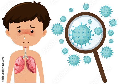 Sick boy from coronavirus with zoom up cells