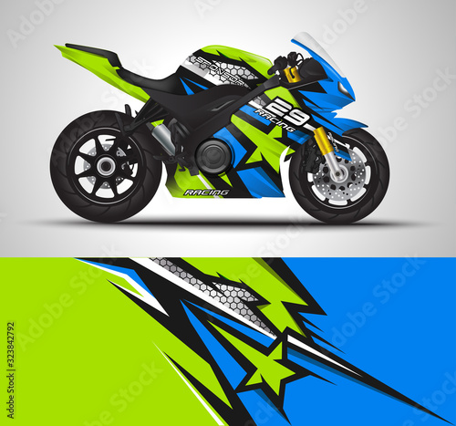 Motorcycle wrap decal and vinyl sticker design. Concept graphic abstract background for wrapping vehicles, motorsport, Sport bike, motocross, supermoto and livery. Vector illustration.