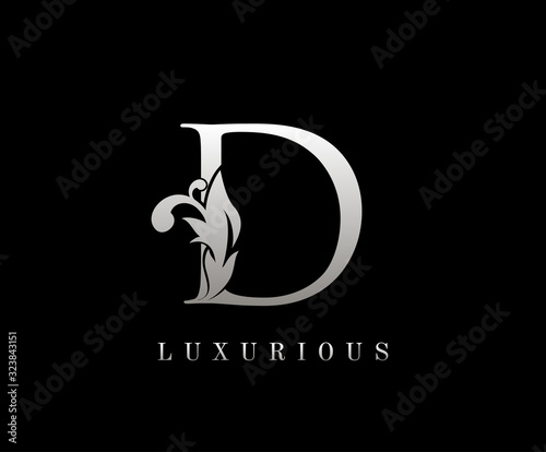 Silver Luxury Letter D . Graceful royal style. Calligraphic beautiful logo. Vintage drawn emblem for book design, weeding card, brand name, business card, Restaurant, Boutique, Hotel. 