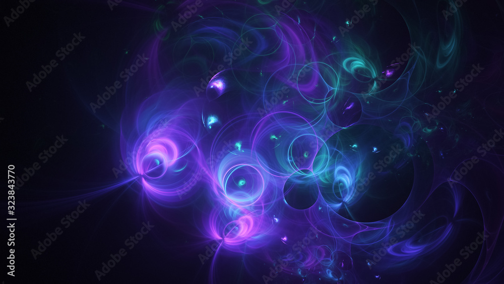 Abstract blue and violet glowing shapes. Fantasy light background. Digital fractal art. 3d rendering.