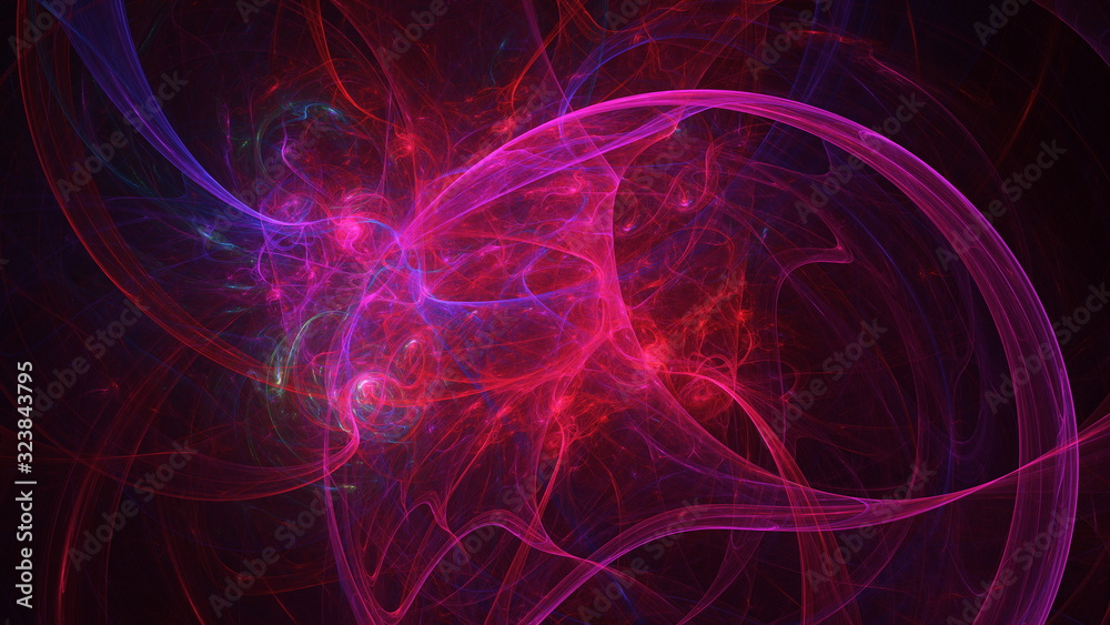 Abstract crimson glowing shapes. Fantasy light background. Digital fractal art. 3d rendering.