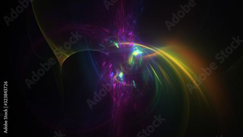 Abstract orange and violet glowing shapes. Fantasy light background. Digital fractal art. 3d rendering.