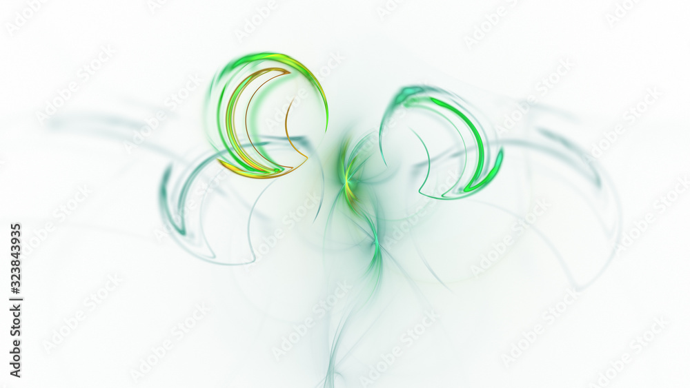 Obraz premium Abstract green and golden glowing shapes. Fantasy light background. Digital fractal art. 3d rendering.