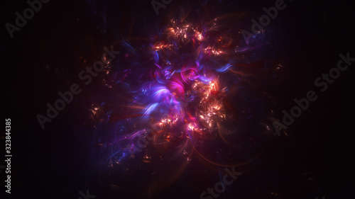 Fototapeta Naklejka Na Ścianę i Meble -  Abstract orange and purple glowing shapes. Fantasy light background. Digital fractal art. 3d rendering.